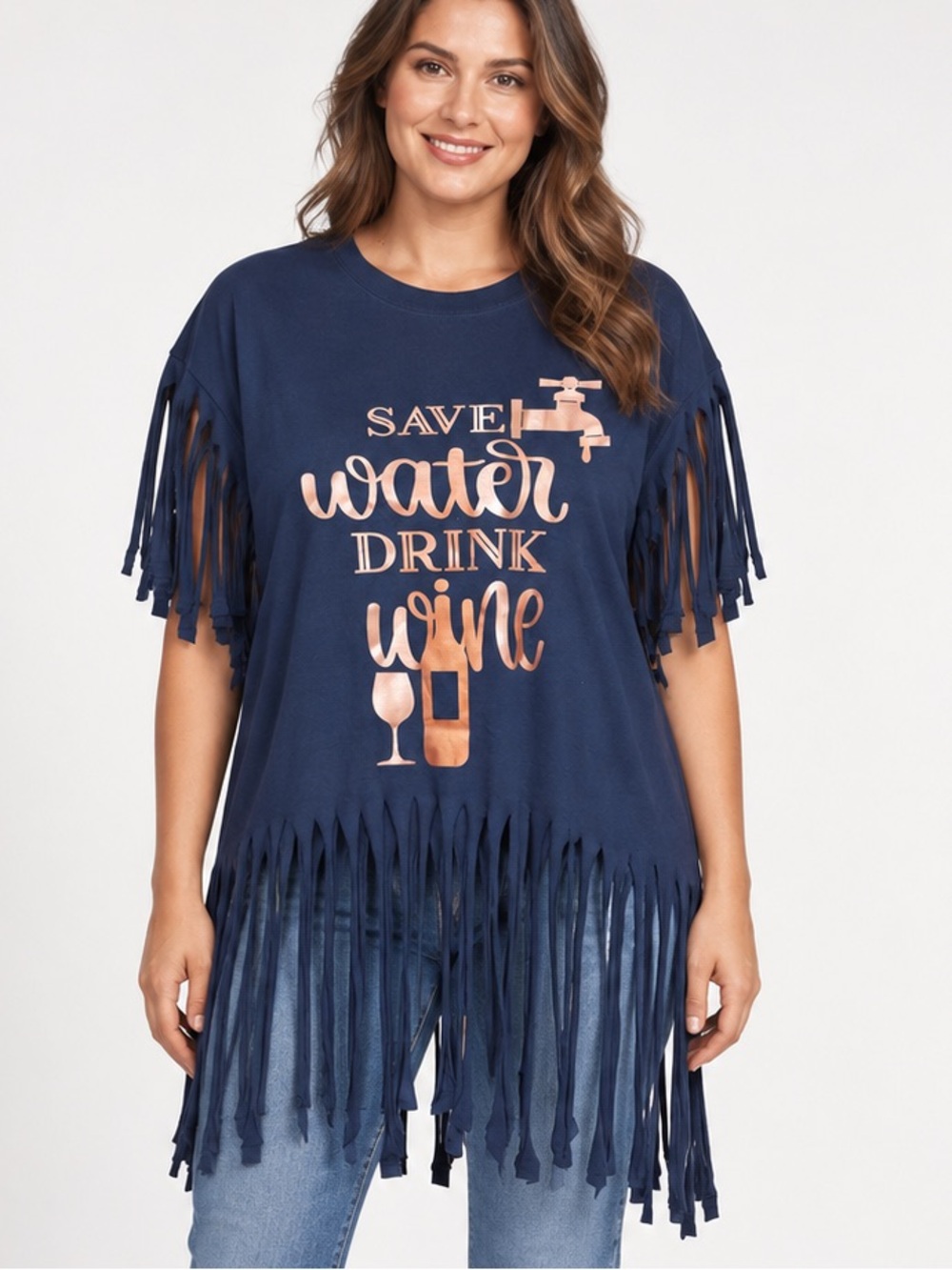 Navy Fringe Graphic Tunic – Save Water Drink Wine size L